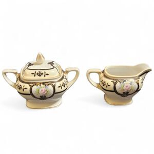 Noritake M China Hand Painted Floral Creamer & Sugar Bowl Set Gold Trim Vintage